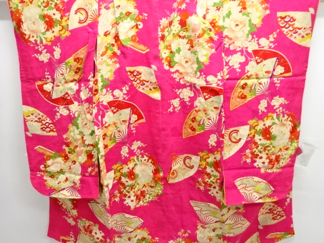 JAPANESE KIMONO / ANTIQUE KIMONO / SILK / MON KINSHA / FAN WITH FLOWER